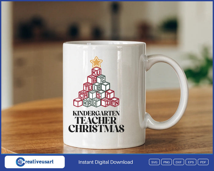 Kindergarten Teacher Christmas with alphabet blocks stacked into a tree SVG design on a white coffee mug