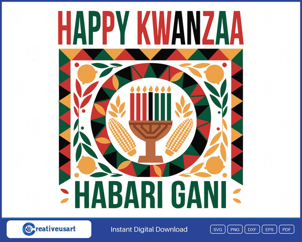 Happy Kwanzaa Habari Gani SVG, kinara with seven red, black and green candles inside a kanga-cloth border