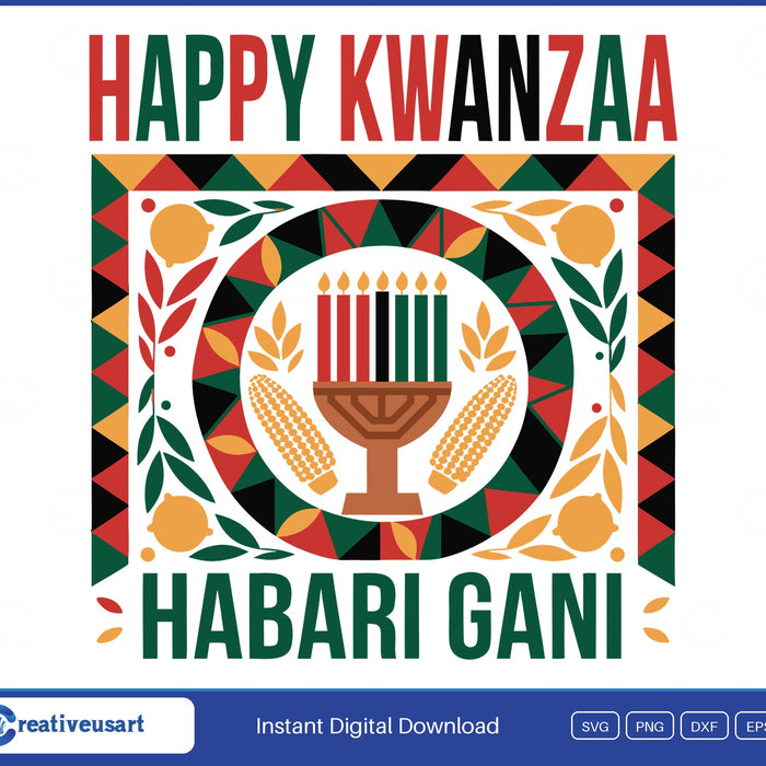 Happy Kwanzaa Habari Gani SVG, kinara with seven red, black and green candles inside a kanga-cloth border