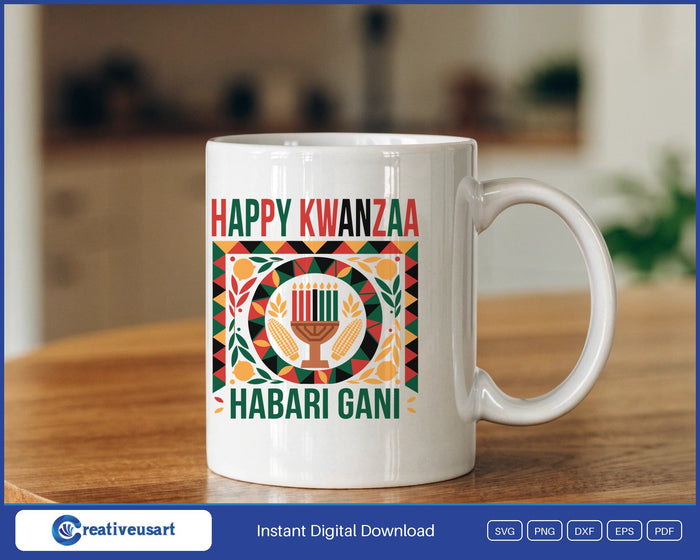 Happy Kwanzaa Habari Gani kinara design on a white coffee mug