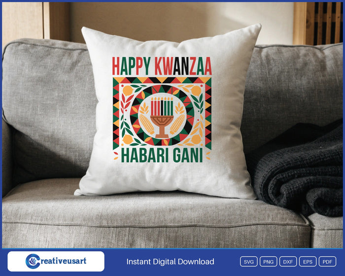 Happy Kwanzaa Habari Gani kinara design on a white throw pillow