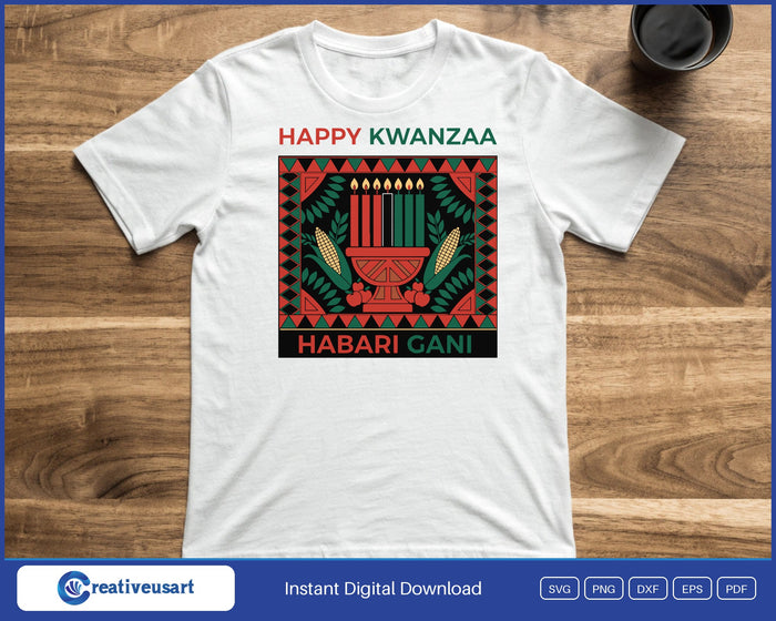 Happy Kwanzaa kinara kanga panel design printed on a white t-shirt