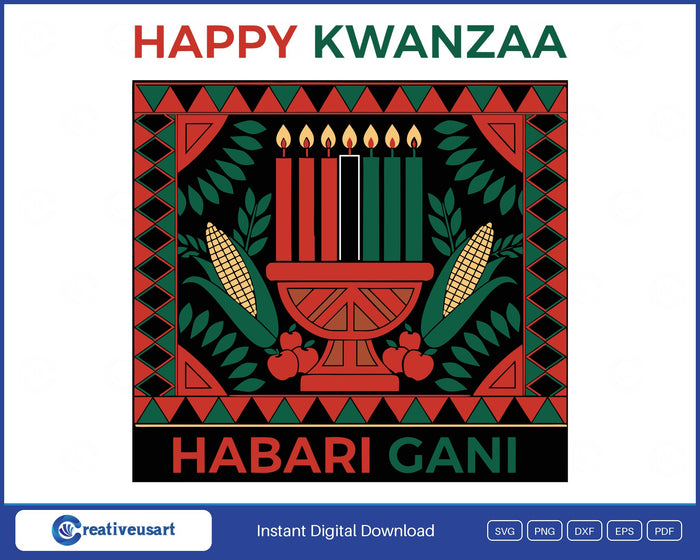 Happy Kwanzaa kinara SVG, seven red, black and green candles on a black kanga panel with corn and apples