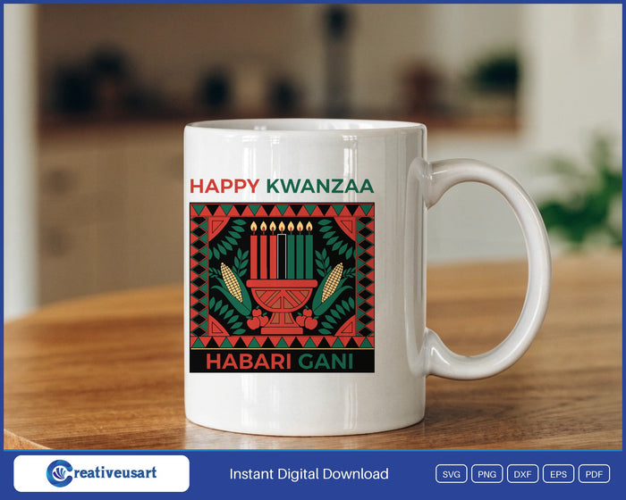 Happy Kwanzaa kinara kanga panel design on a white coffee mug