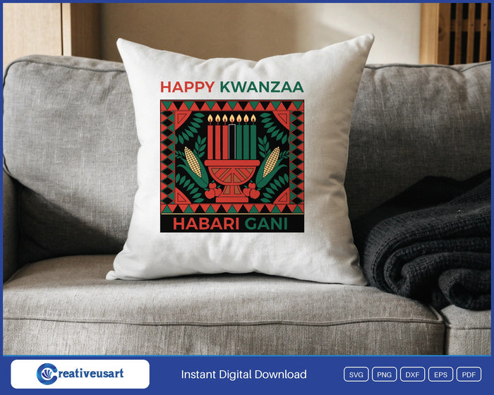 Happy Kwanzaa kinara kanga panel design on a white throw pillow