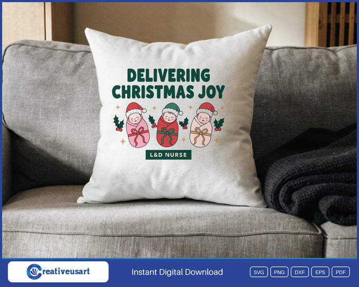 L&D Nurse Delivering Christmas Joy design on a white throw pillow