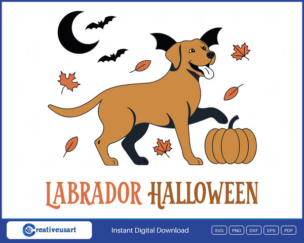 Labrador Halloween with a dog in bat ears, a moon and a pumpkin SVG design on a white background