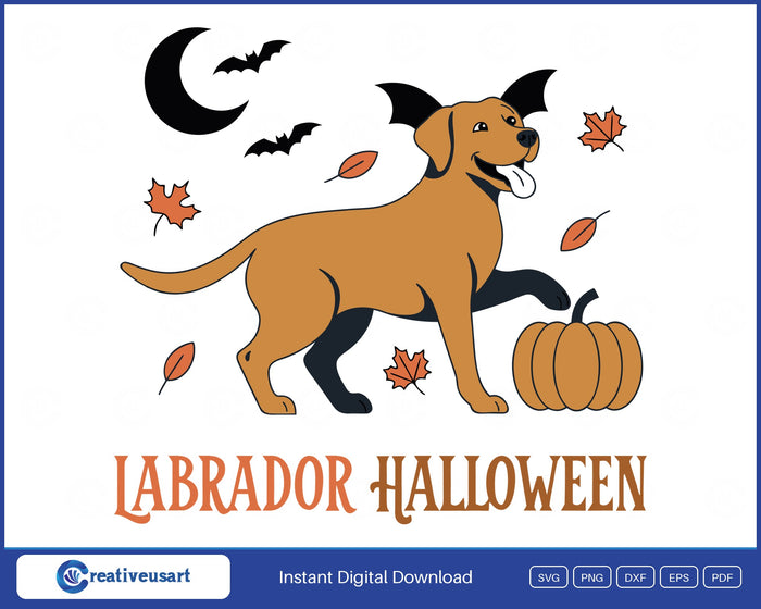 Labrador Halloween with a dog in bat ears, a moon and a pumpkin SVG design on a white background