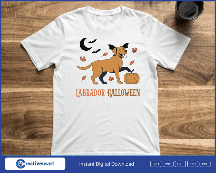 Labrador Halloween with a dog in bat ears, a moon and a pumpkin SVG printed on a white t-shirt