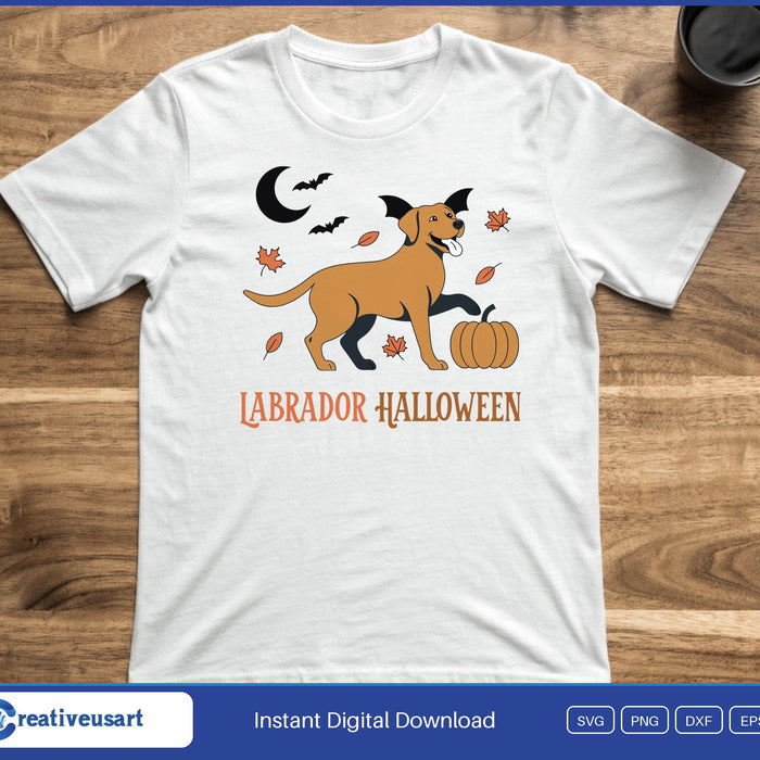 Labrador Halloween with a dog in bat ears, a moon and a pumpkin SVG printed on a white t-shirt