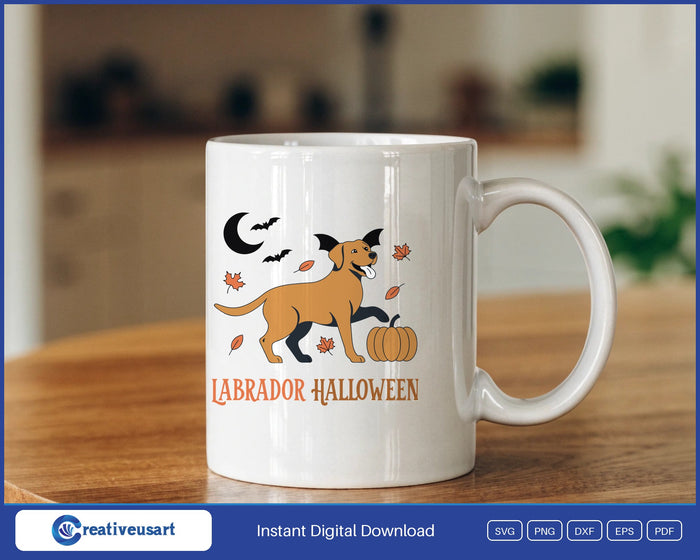 Labrador Halloween with a dog in bat ears, a moon and a pumpkin SVG design on a white coffee mug