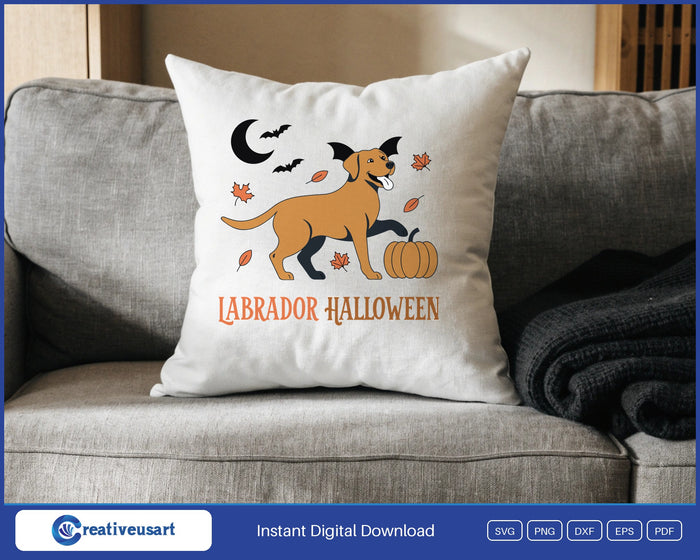 Labrador Halloween with a dog in bat ears, a moon and a pumpkin SVG design on a white throw pillow
