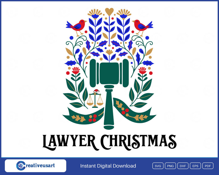 Lawyer Christmas with a gavel wrapped in holly and a scale of justice in a santa hat SVG design on a white background