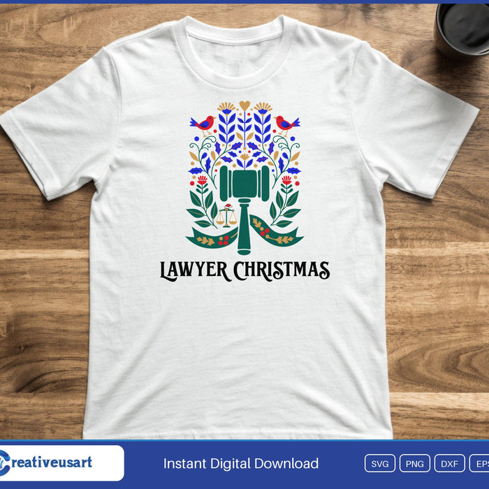 Lawyer Christmas with a gavel wrapped in holly and a scale of justice in a santa hat SVG printed on a white t-shirt