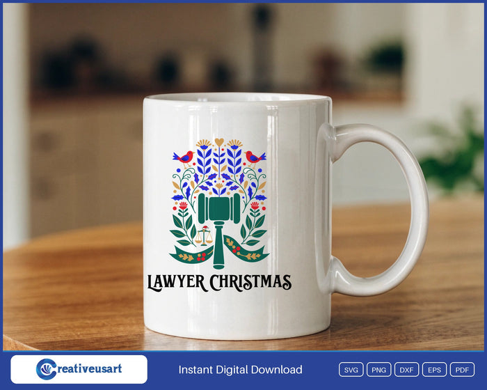 Lawyer Christmas with a gavel wrapped in holly and a scale of justice in a santa hat SVG design on a white coffee mug