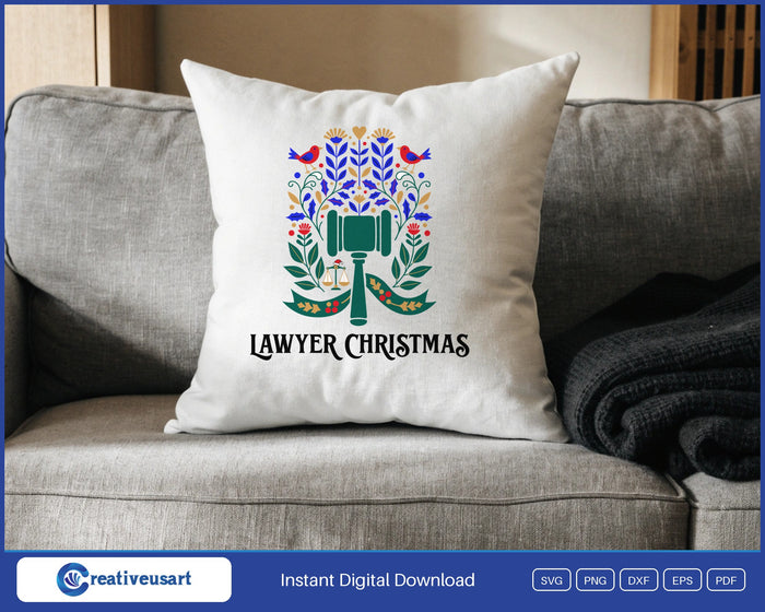 Lawyer Christmas with a gavel wrapped in holly and a scale of justice in a santa hat SVG design on a white throw pillow