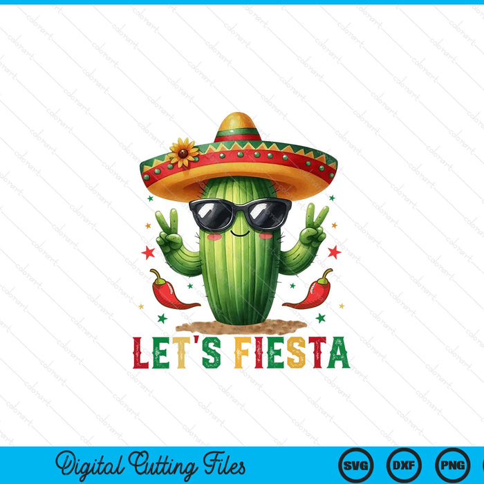 Let's Fiesta Funny Cactus Retro Cinco De Mayo SVG PNG Digital Printable Files