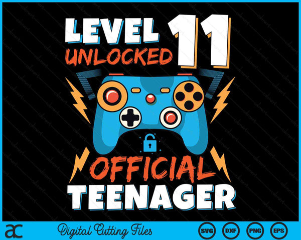 Niveau 11 ontgrendeld officiële tienervideogame 11e verjaardag SVG PNG digitale afdrukbare bestanden