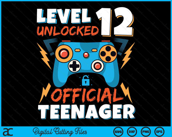 Niveau 12 ontgrendeld officiële tienervideogame 12e verjaardag SVG PNG digitale afdrukbare bestanden