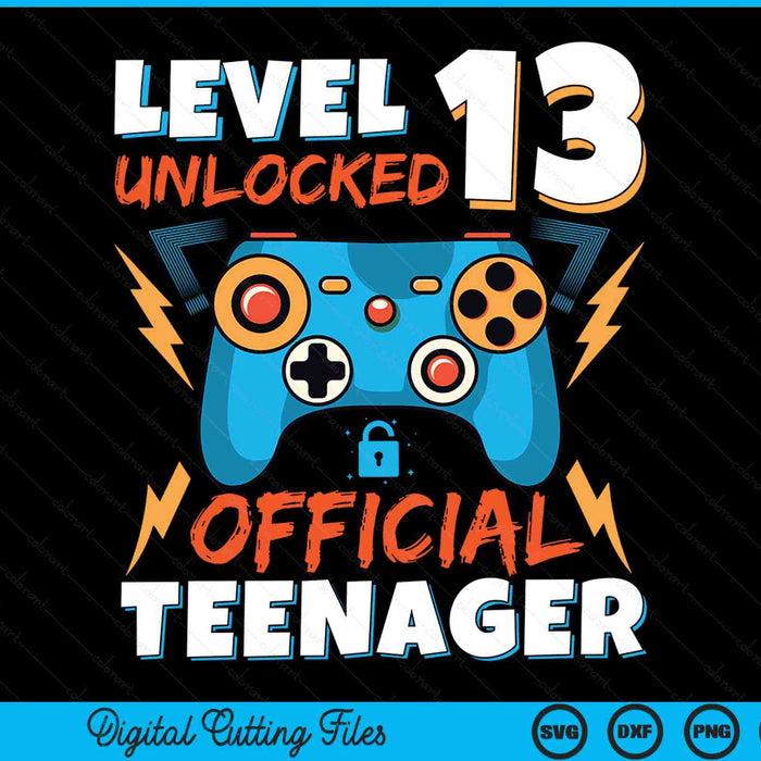 Niveau 13 ontgrendeld officiële tienervideogame 13e verjaardag SVG PNG digitale afdrukbare bestanden