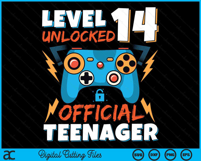Niveau 14 ontgrendeld officiële tienervideogame 14e verjaardag SVG PNG digitale afdrukbare bestanden