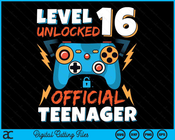 Niveau 16 ontgrendeld officiële tienervideogame 16e verjaardag SVG PNG digitale afdrukbare bestanden