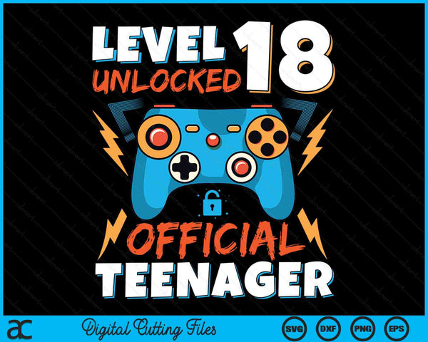 Niveau 18 ontgrendeld officiële tienervideogame 18e verjaardag SVG PNG digitale afdrukbare bestanden
