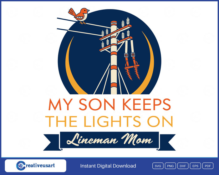 My Son Keeps The Lights On lineman mom badge SVG design on white background