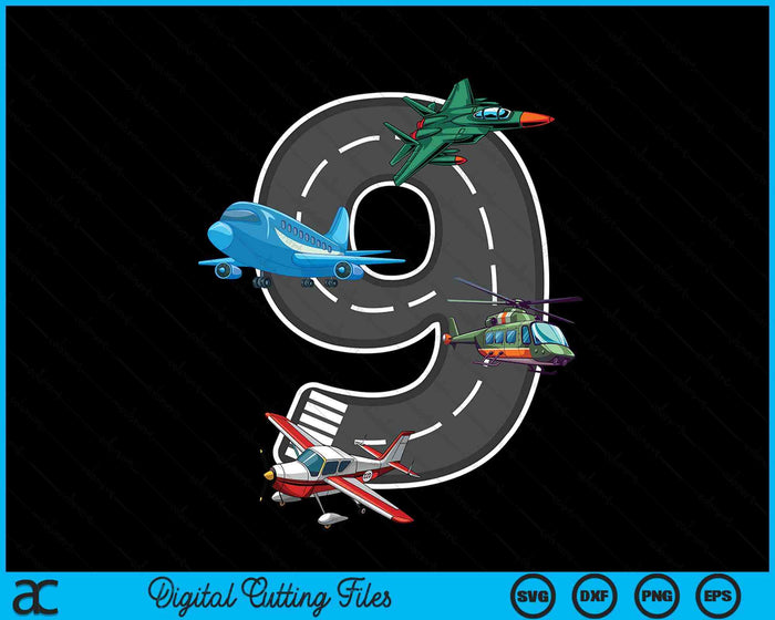 Little Pilot 9th Birthday Party 9 Ninth Year Old Airplane Kids SVG PNG Digital Cutting File