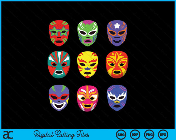 Nine colorful lucha libre wrestling masks, Mexican wrestling SVG