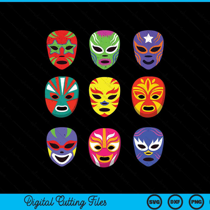 Nine colorful lucha libre wrestling masks, Mexican wrestling SVG