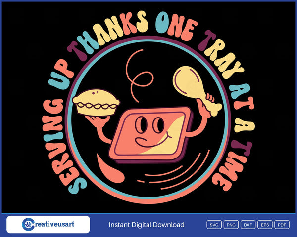 Lunch Lady Thanksgiving with a smiling lunch tray character in a retro badge SVG printed on a black t-shirt