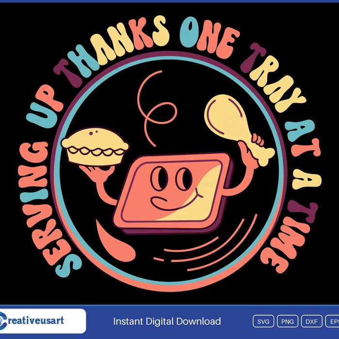 Lunch Lady Thanksgiving with a smiling lunch tray character in a retro badge SVG printed on a black t-shirt