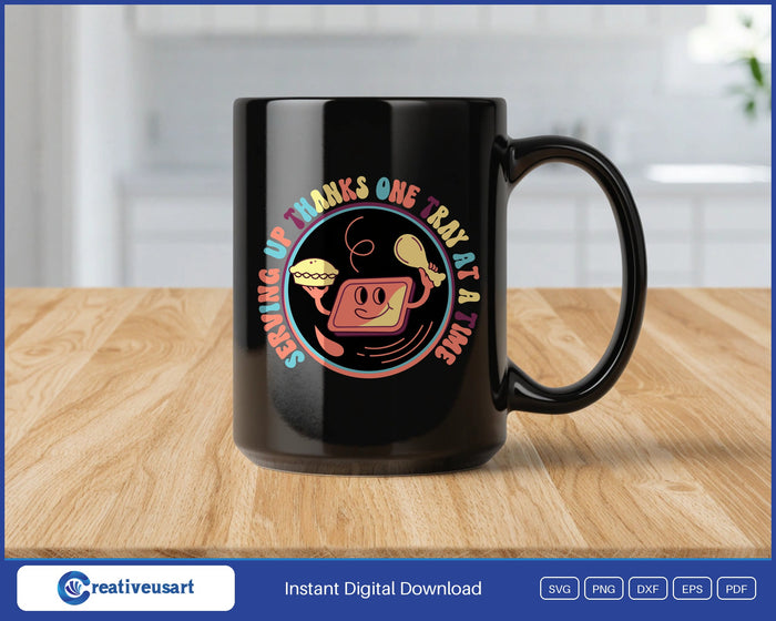 Lunch Lady Thanksgiving with a smiling lunch tray character in a retro badge SVG design on a black coffee mug