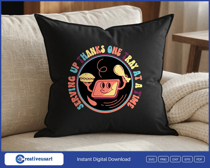 Lunch Lady Thanksgiving with a smiling lunch tray character in a retro badge SVG design on a black throw pillow