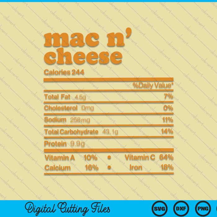 Mac and Cheese Nutrition Facts Thanksgiving Nutrition SVG PNG Digital Cutting Files