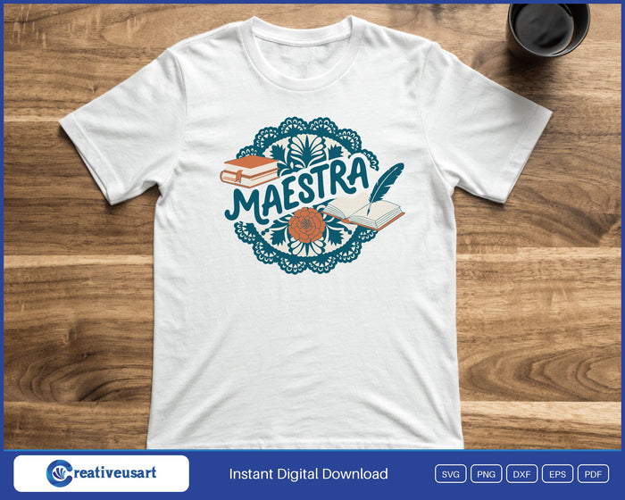 Maestra Spanish teacher papel picado design printed on a white t-shirt