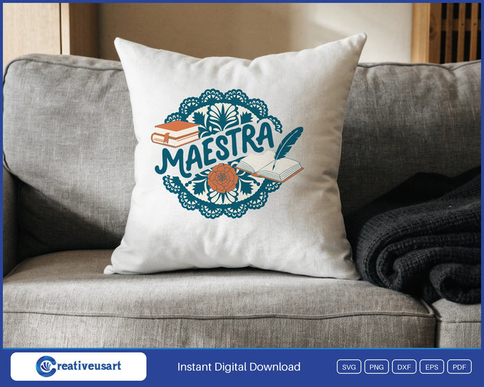 Maestra Spanish teacher papel picado design on a white throw pillow