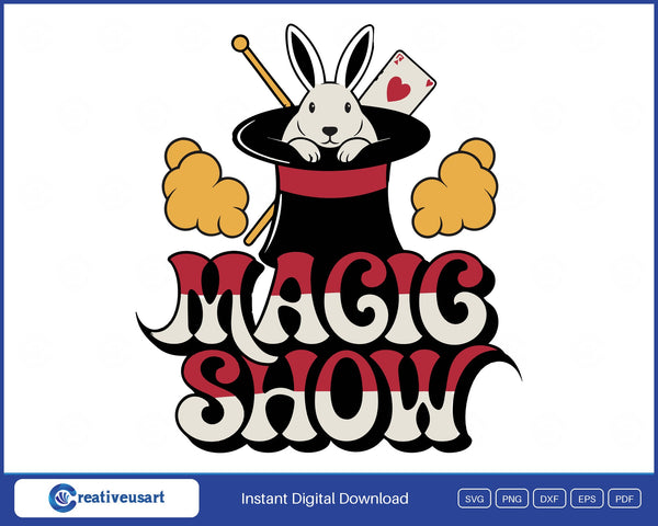 Magic Show rabbit in top hat SVG design, white rabbit in a black top hat with a wand, playing card and yellow smoke