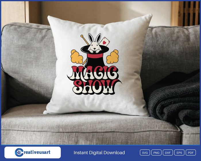 Magic Show rabbit in top hat SVG design on a throw pillow