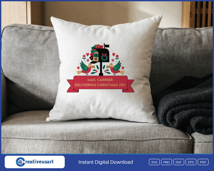 Mail Carrier Delivering Christmas Joy SVG design on a white throw pillow