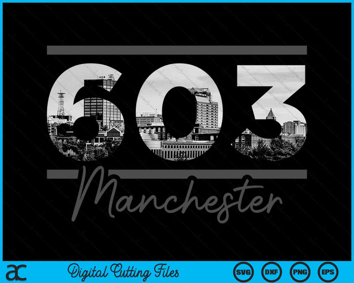 Manchester 603 Netnummer Skyline New Hampshire Vintage SVG PNG digitale snijbestanden 