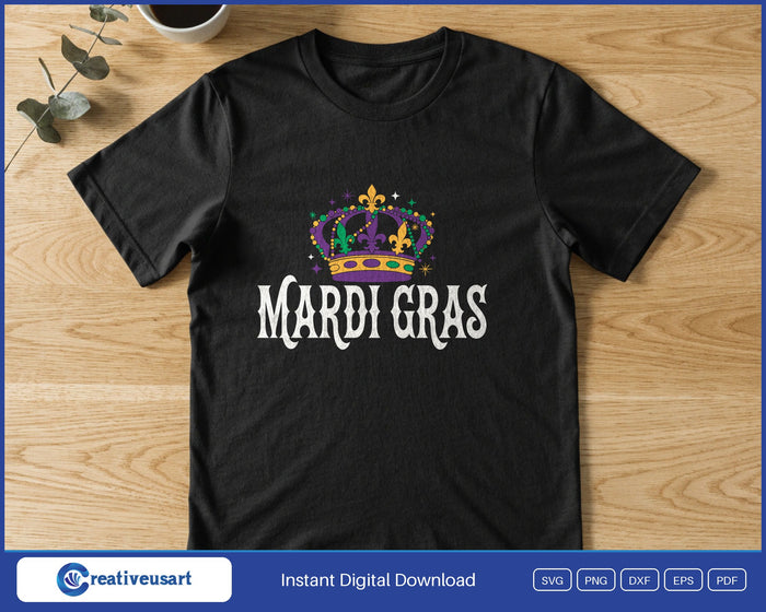 Mardi Gras Crown SVG printed on a black t-shirt
