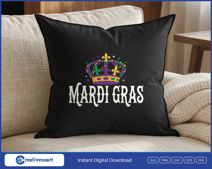 Mardi Gras Crown SVG design on a black throw pillow