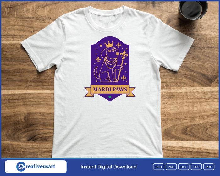 Mardi Gras Dog SVG printed on a white t-shirt