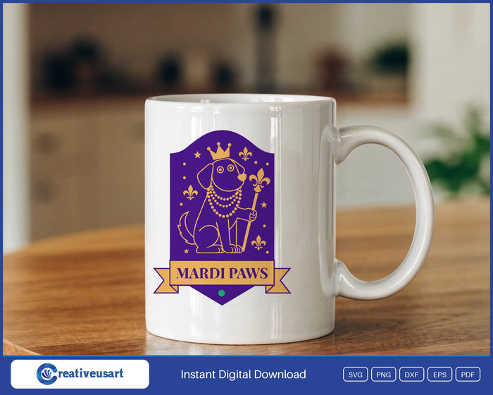 Mardi Gras Dog SVG design on a white coffee mug