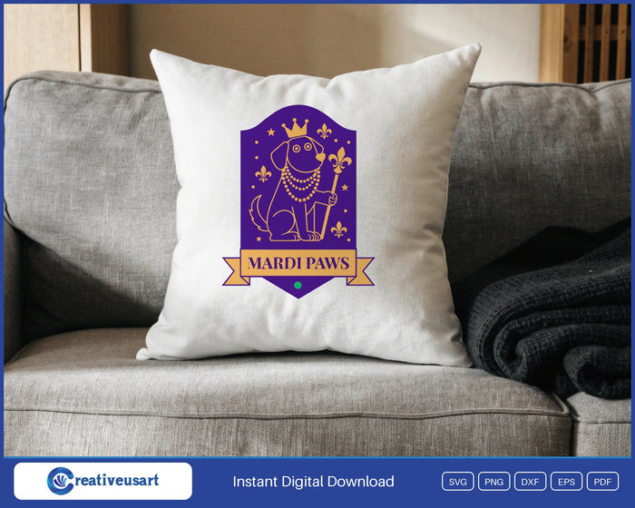 Mardi Gras Dog SVG design on a white throw pillow