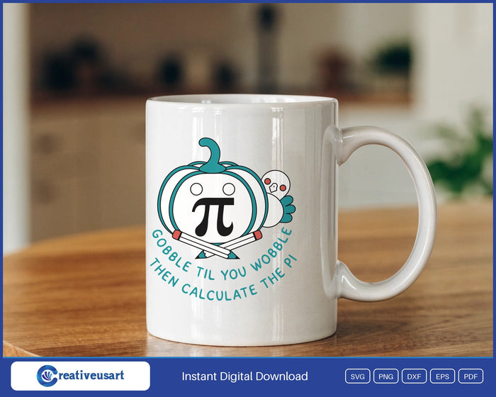 Math Teacher Thanksgiving with a jack-o-lantern, pi symbol and turkey SVG design on a white coffee mug