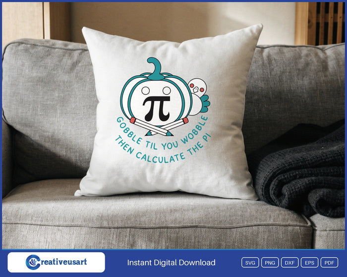 Math Teacher Thanksgiving with a jack-o-lantern, pi symbol and turkey SVG design on a white throw pillow