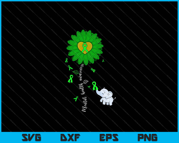 Concientización sobre la salud mental Girasol Cinta Verde Elefante SVG PNG Cortar archivos imprimibles